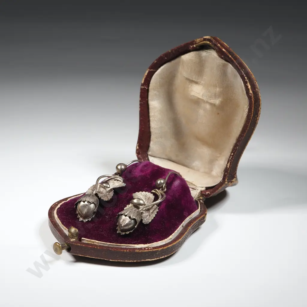 Antique Silver Drop Earrings Featuring Leaves & Flowers In Antique Leather Case Image 1++