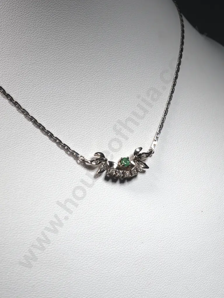 14ct White Gold Diamond & Emerald Necklace Pendant Image 1++