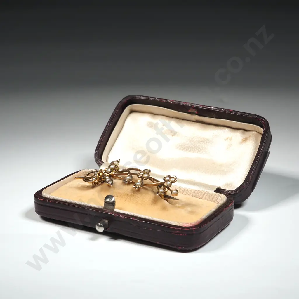 Antique 9ct Gold Lily of the Valley Brooch w Seedpearls in Period Case Image 1++