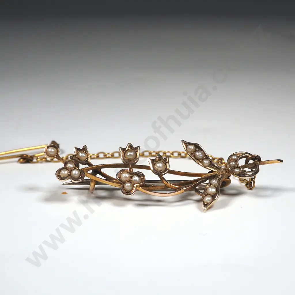 Antique 9ct Gold Lily of the Valley Brooch w Seedpearls in Period Case Image 1++