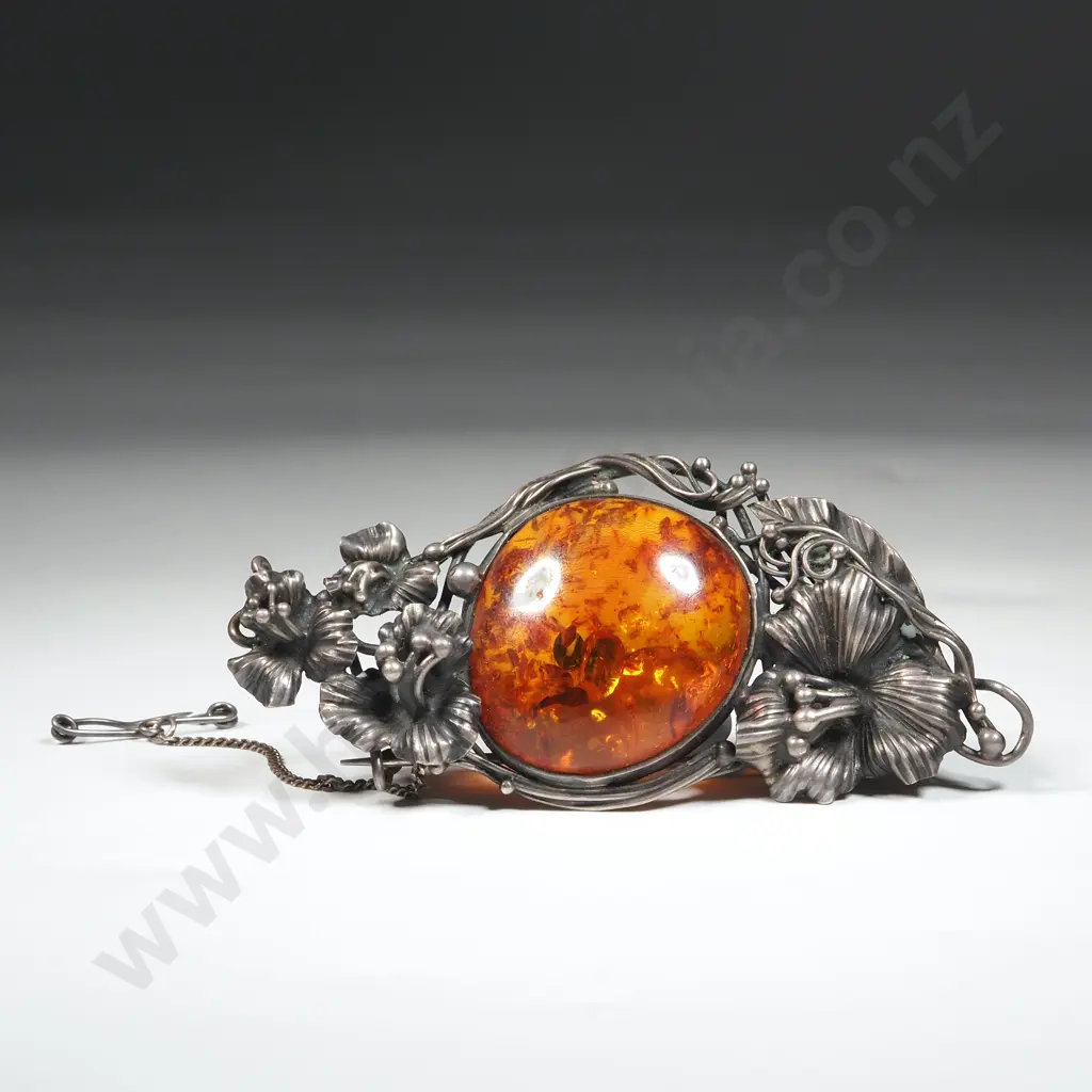 Ornate Floral Amber Brooch in Sterling Silver Image 1++