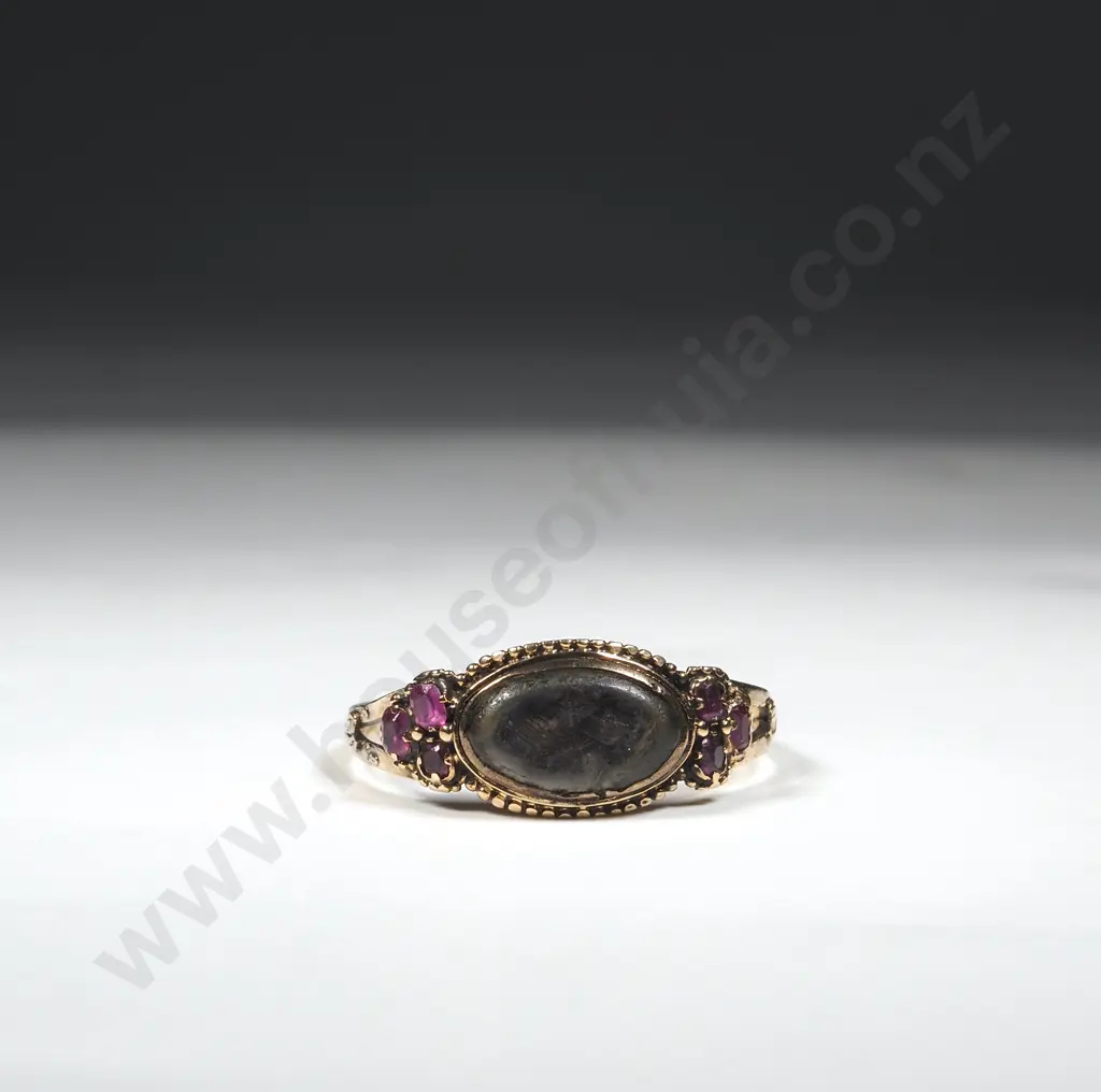 Antique Mourning Ring w Garnets in 9ct Gold Image 1++