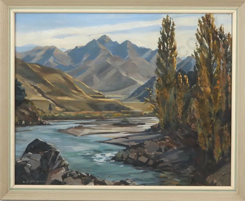 N Davison. Waiau River. Oil on Board. Image 1++