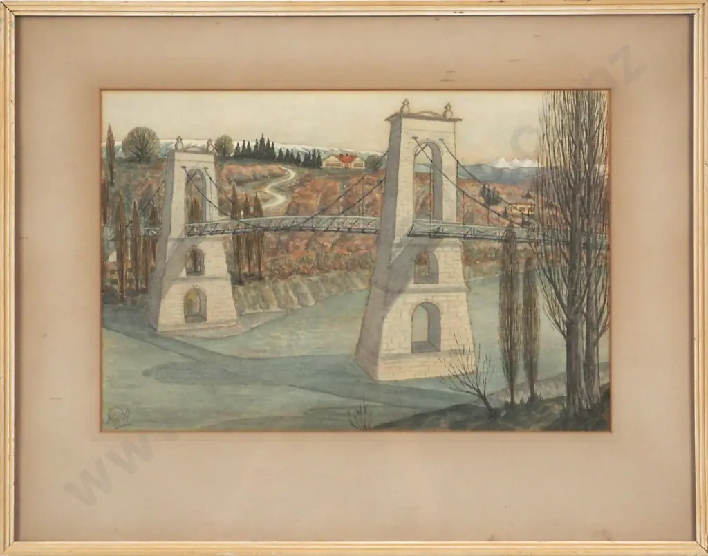 K.(Possibly) A. Suspension Bridge. Watercolour & Pencil. Image 1++