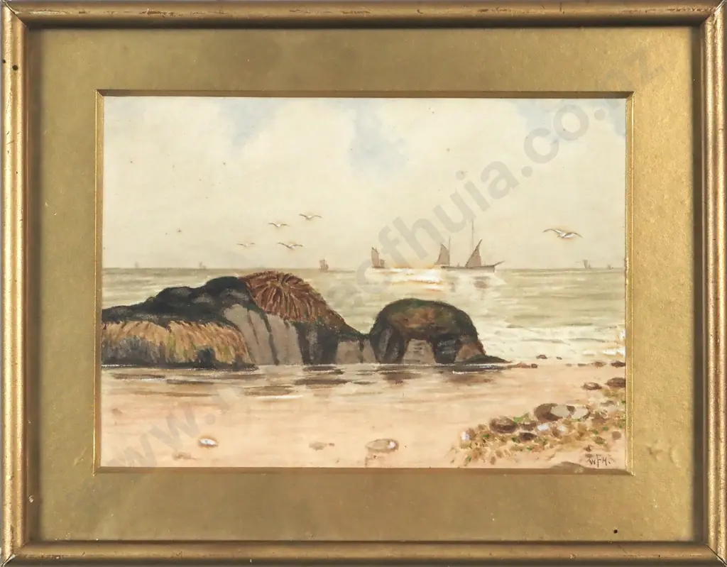 W.F.H. Seashore & Sail Boats. Watercolour. Image 1++