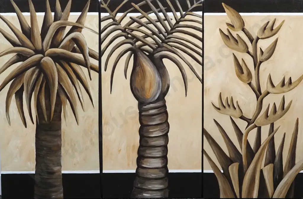 Parts Of A Stylized Palm Tree. Triptych. Acrylic. Image 1++