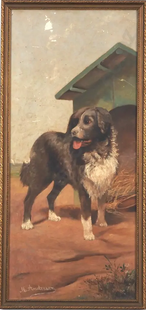 M. Anderson. Dog & Kennel. Oil on Board. Image 1++