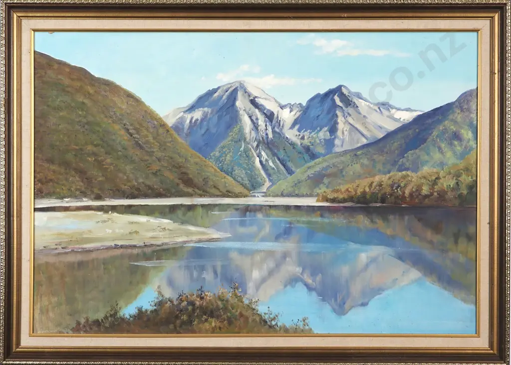 Charles Pickworth. Landscape - Lake Wanaka -Reflections. Oil on Board. Image 1++