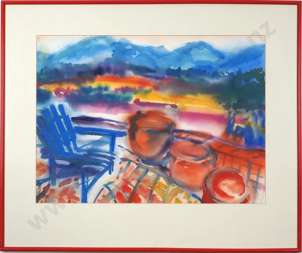 Alison Ryde. 1989. Landscape Scene - Mountains from the Deck. Watercolour. Image 1++