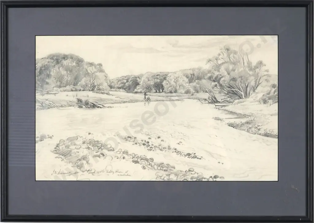 J. M. Thomasson. The Ashley River At Waikuku. Graphite On Paper. Image 1++