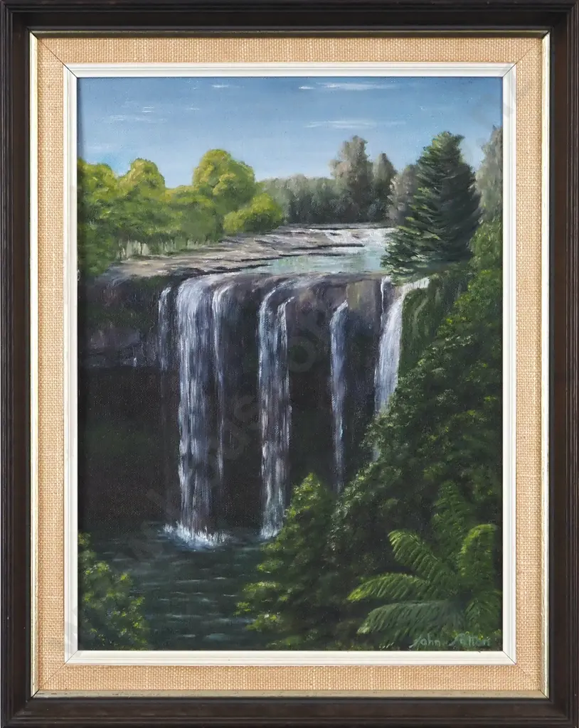 John F. Sutton. 1988. Wairua Falls,Northland. Oil on Board. Image 1++