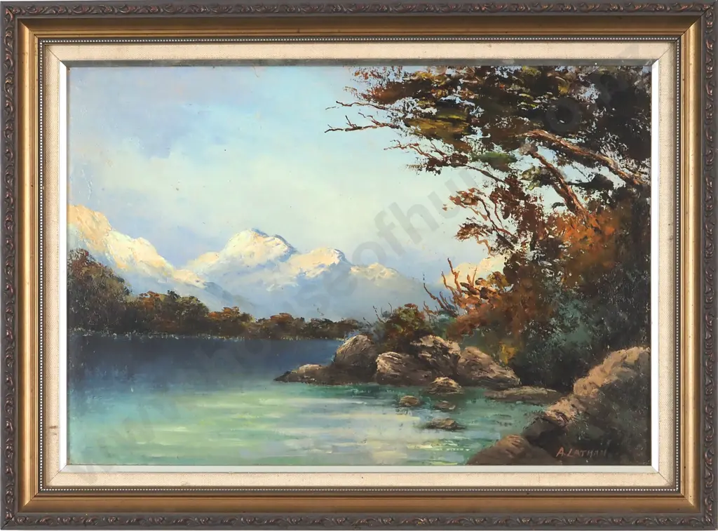 A. Latham. Landscape Scene - Mountain/Lake. Oil on Board. Image 1++