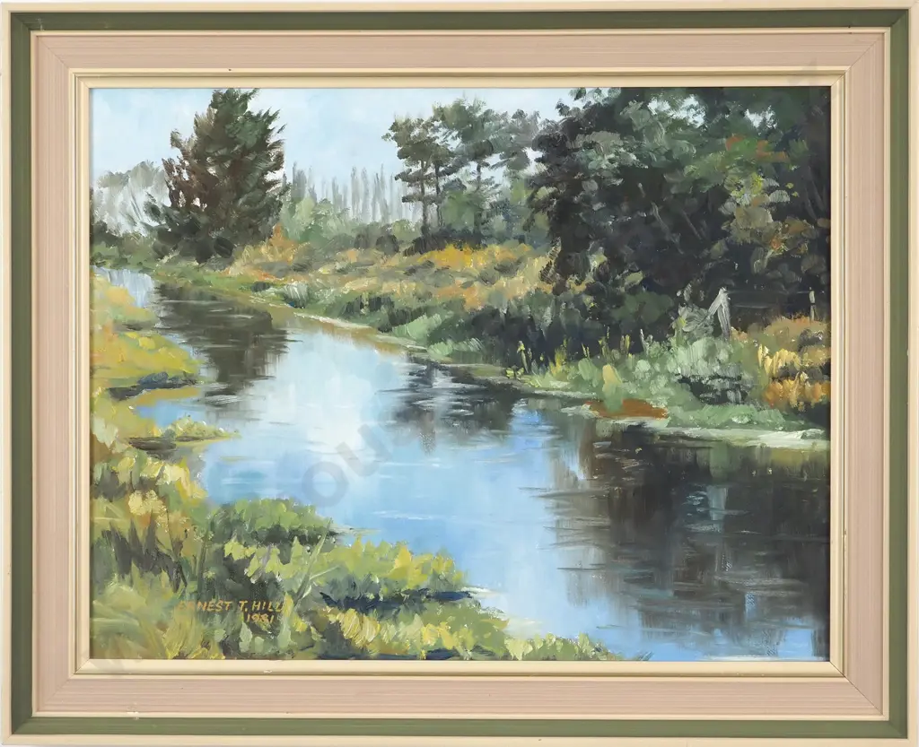 Earnest T. Hill. 1981. Halswell River Greenpark, Canterbury. Oil on Board. Image 1++