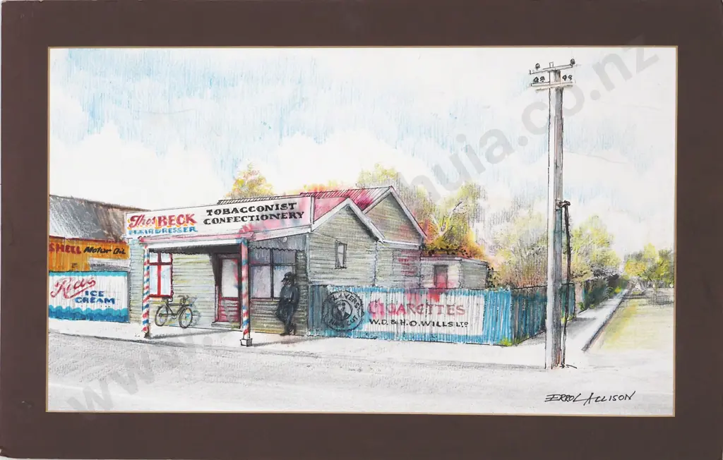Errol Allison. Shop Corner. Hand Coloured Print. Image 1++