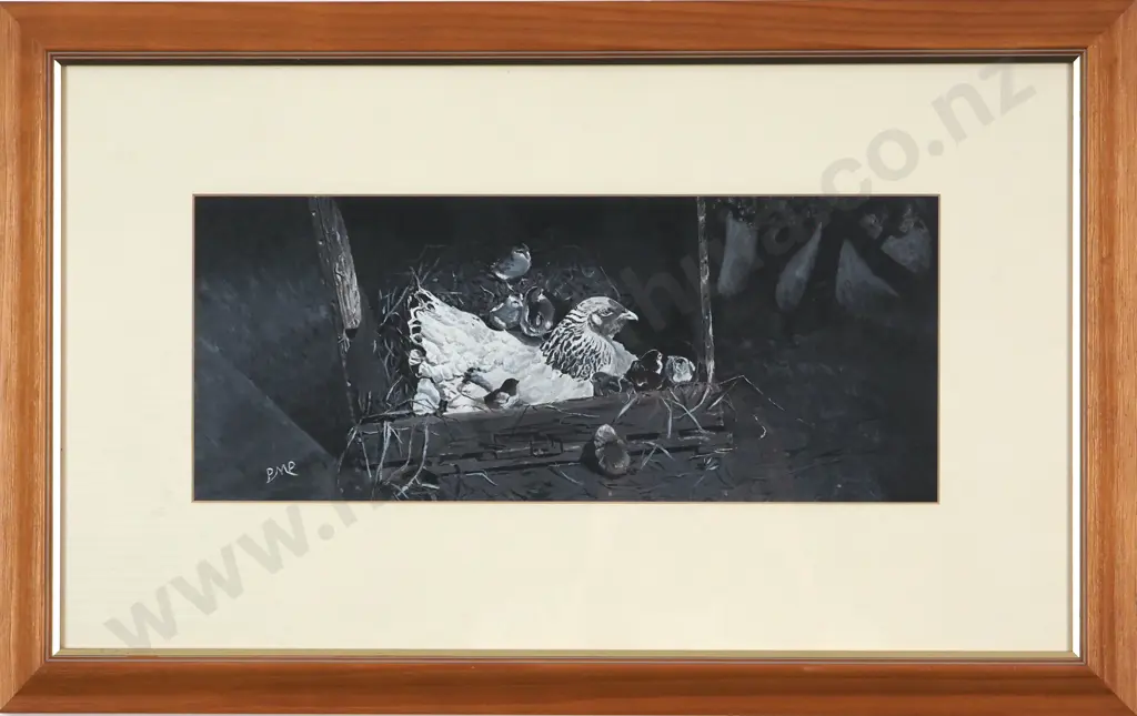 PMP 'Hen w Chicks'. Black & White Oil. Image 1++