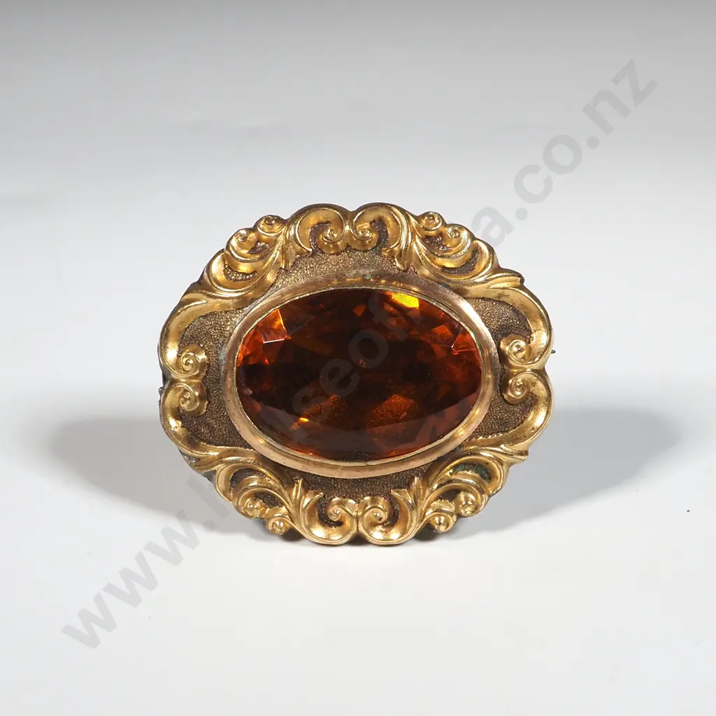 Antique Rolled Gold Large Orange Glass Brooch Image 1++