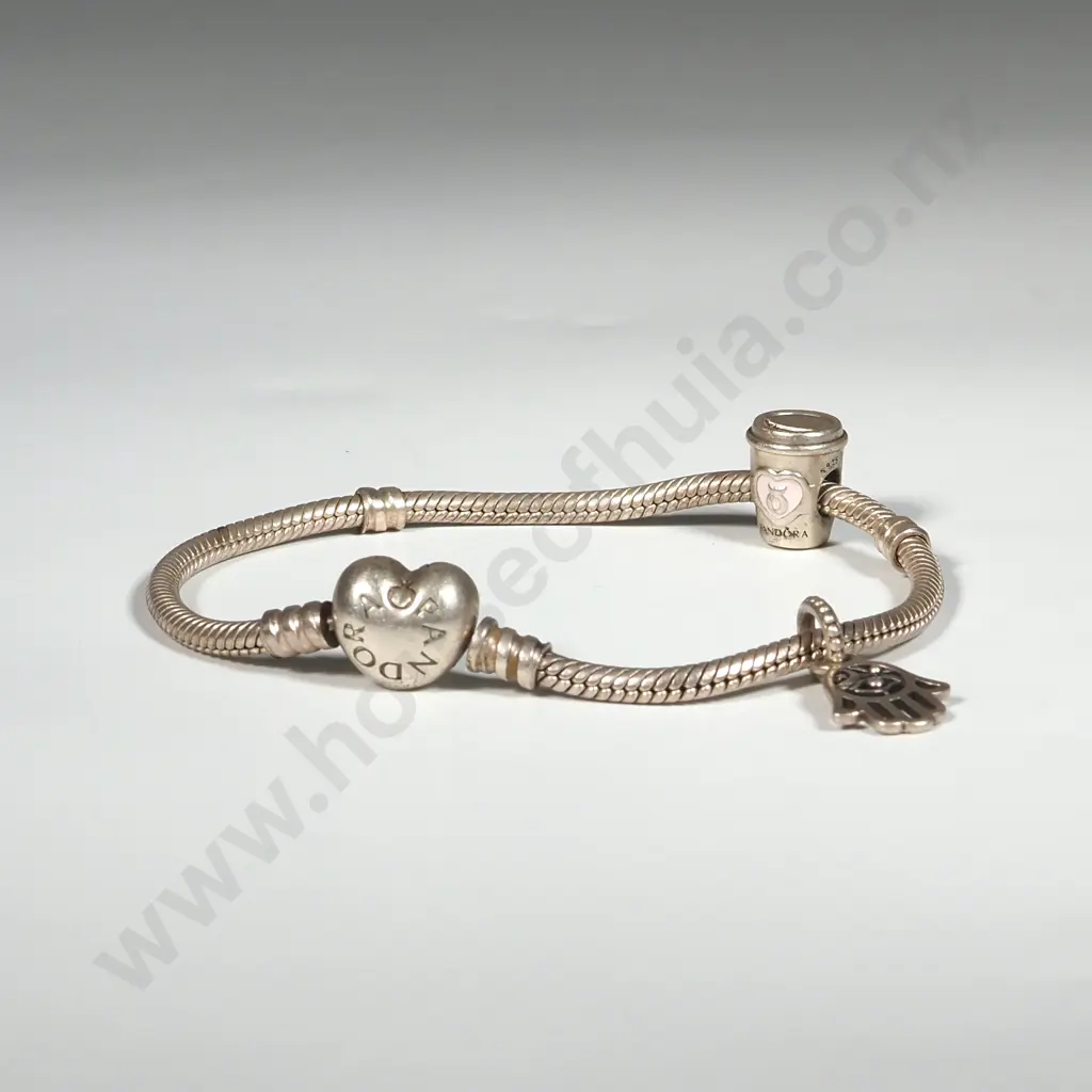 Sterling Silver Pandora Bracelet w Two Charms Image 1++