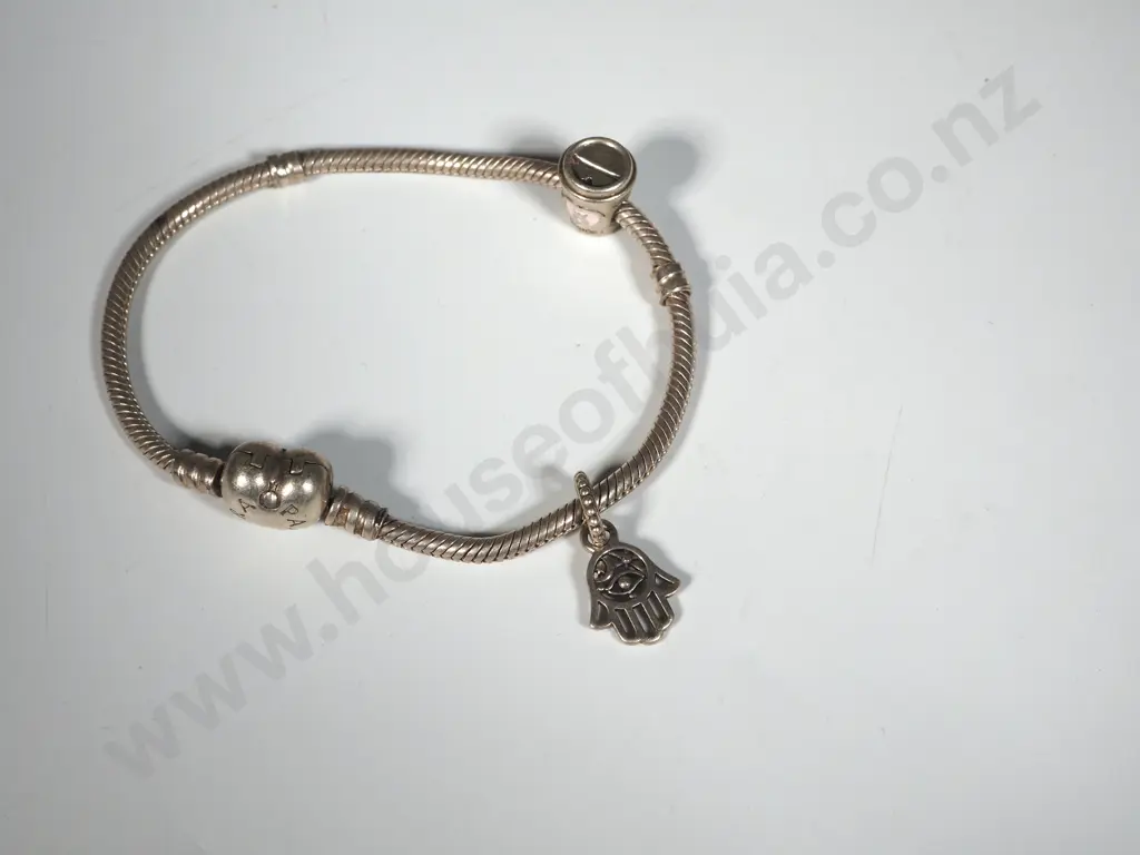 Sterling Silver Pandora Bracelet w Two Charms Image 1++