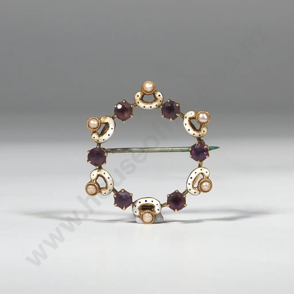 Antique 9ct Gold Enamel & Seedpearl Purple Gem Brooch Image 1++