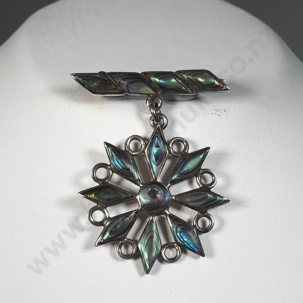 Vintage Sterling Silver & Paua Shell Brooch On Bar & Matching Pendant On Silver Chain Image 1++