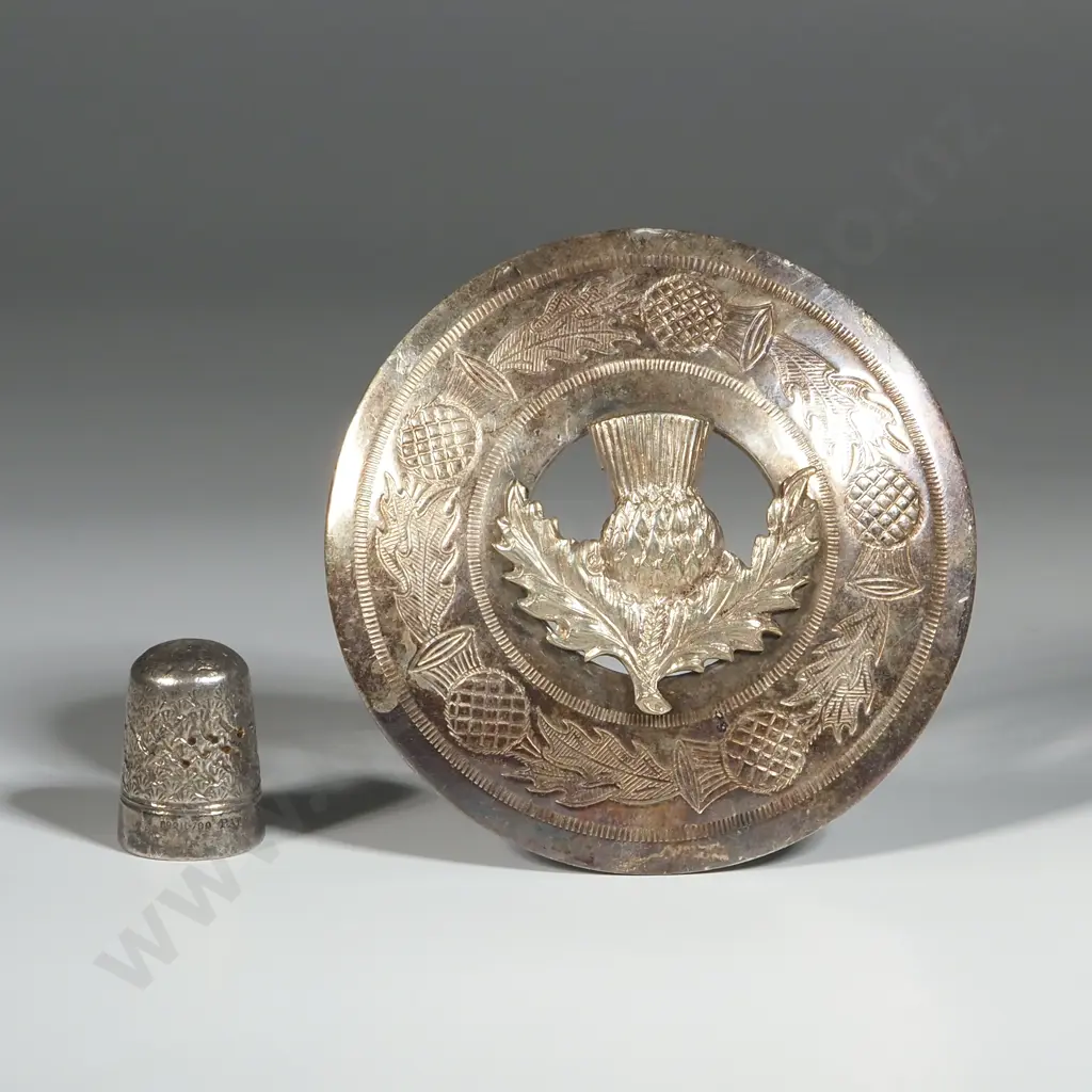 Thistle Brooch Pin – Scottish Kilt Sash with Central Thistle Surrounded By Engraved Thistles & Vintage EP Thimble Image 1++