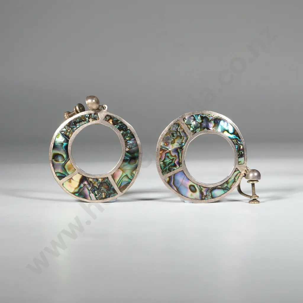 Pair Of Vintage Taxco Sterling Silver & Abalone Shell Hoop Earrings Image 1++