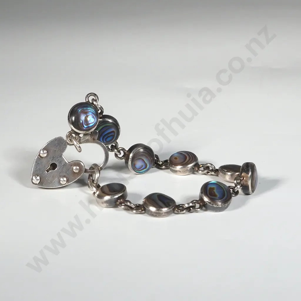 Sterling Silver & Paua Shell Link Bracelet with Heart Shaped Locket Clasp Image 1++
