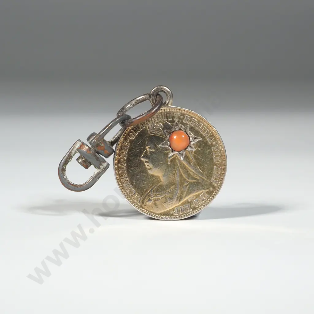 1900 United Kingdom Sixpence Pendant w Star Set Orange Stone Image 1++