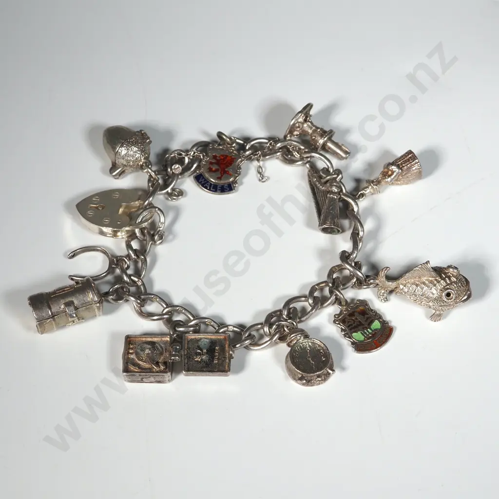 Sterling Silver Charm Bracelet With Vintage Charms including Acorn with Squirrel Interior & A Record Player That Opens Image 1++