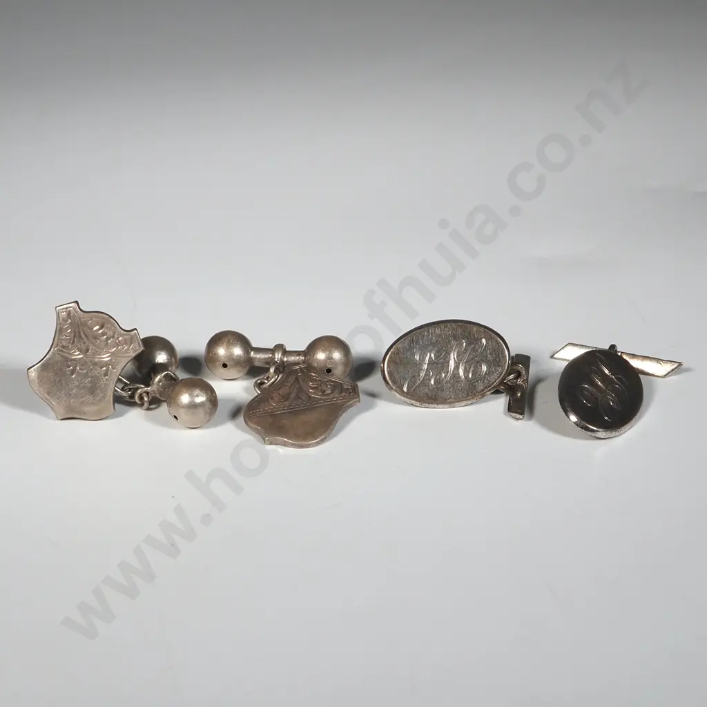 Two Pairs Of Sterling Silver Cufflinks. One Shield Shaped & The Other Oval Shaped with Initialled  Image 1++