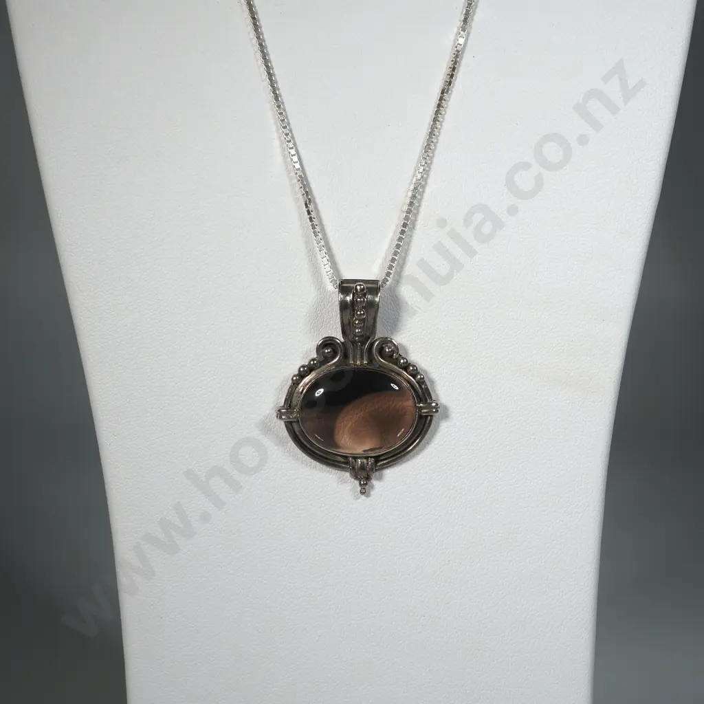 Sterling Silver & Brown Oval Cabochon Stone (Possibly Smokey Quartz) Pendant with Box Link Chain Image 1++