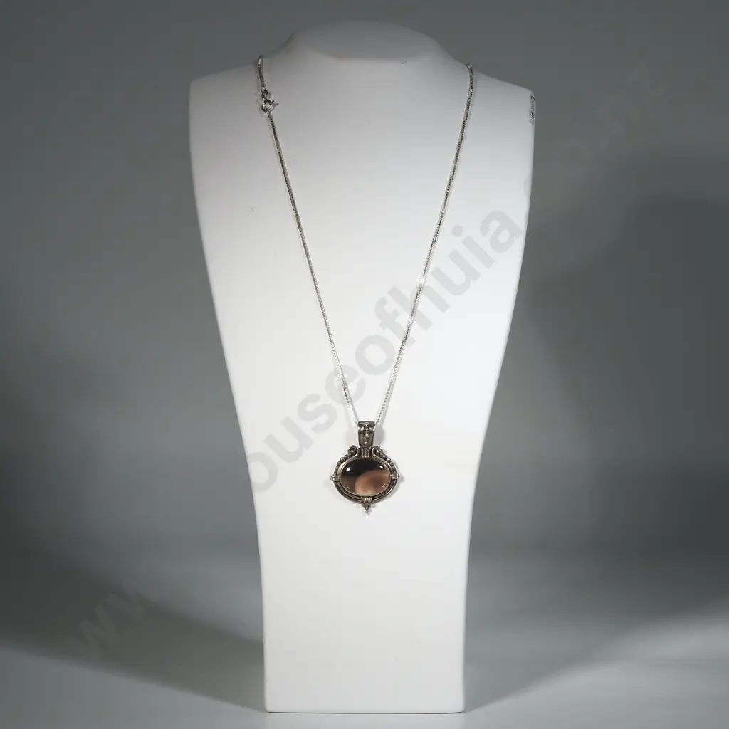 Sterling Silver & Brown Oval Cabochon Stone (Possibly Smokey Quartz) Pendant with Box Link Chain Image 1++