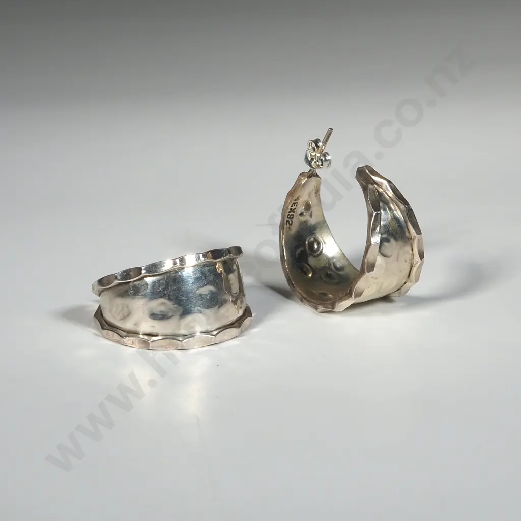Pair Of Sterling Silver Beaten Hoop Shaped  Earrings Image 1++