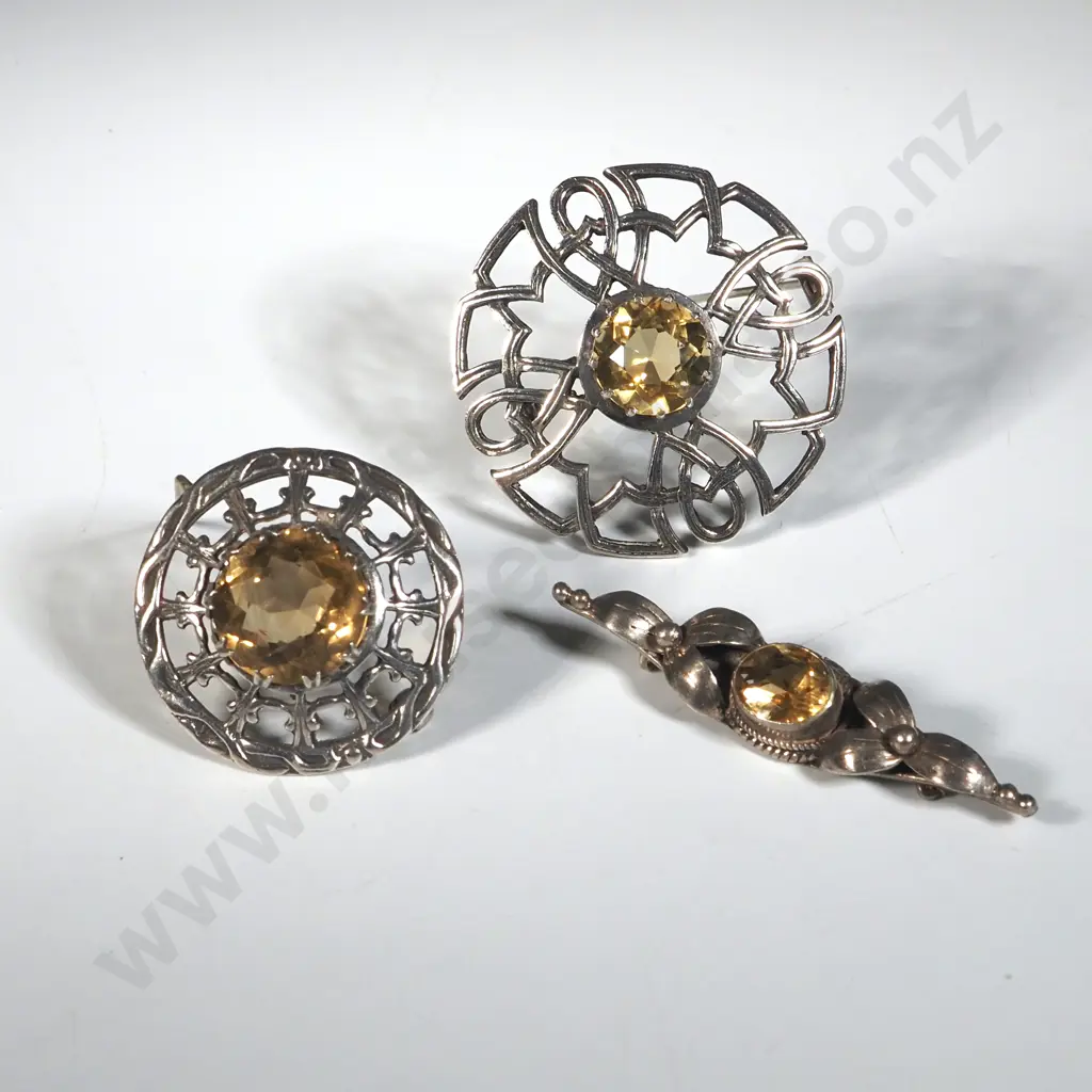 Three Sterling Silver Brooches w Yellow Gems Image 1++
