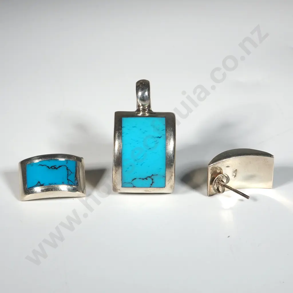 Modern Sterling Convex  Silver & Turquoise Pendant & Earring Set Image 1++