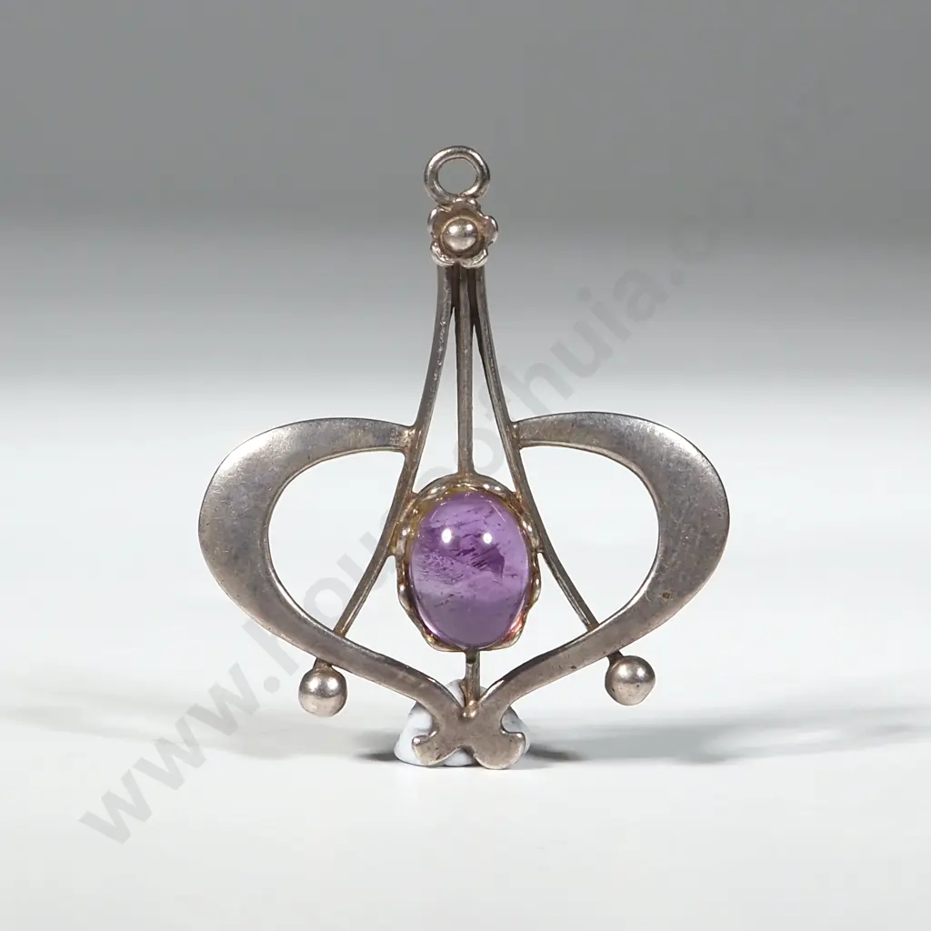 Art Nouveau Sterling Silver Pendant w Cabuchon Amethyst Image 1++