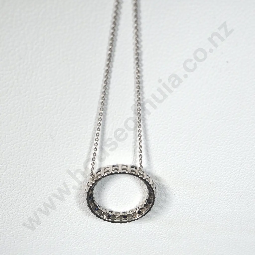 Sterling Silver White & Blue Sapphire  Circular Pendant On Chain  Image 1++