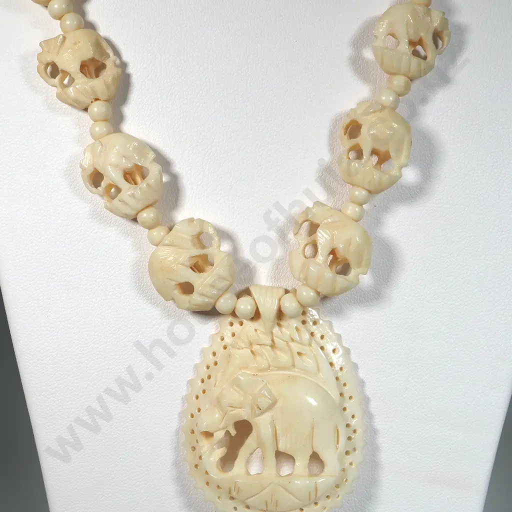 Carved Bone Necklace w Elephant Motifs  Image 1++