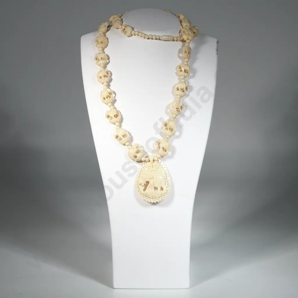 Carved Bone Necklace w Elephant Motifs  Image 1++