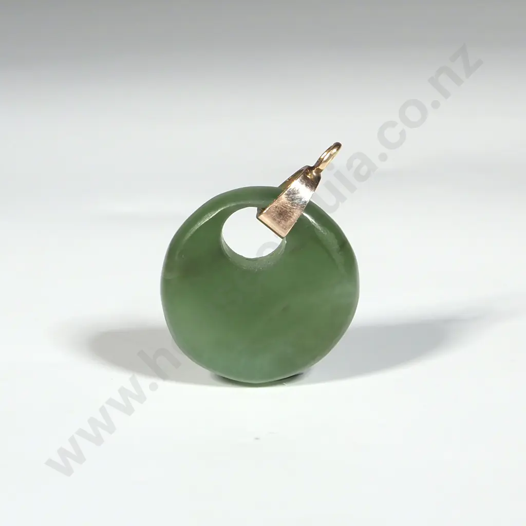 Round Pounamu Pendant with Gold Attachent Image 1++
