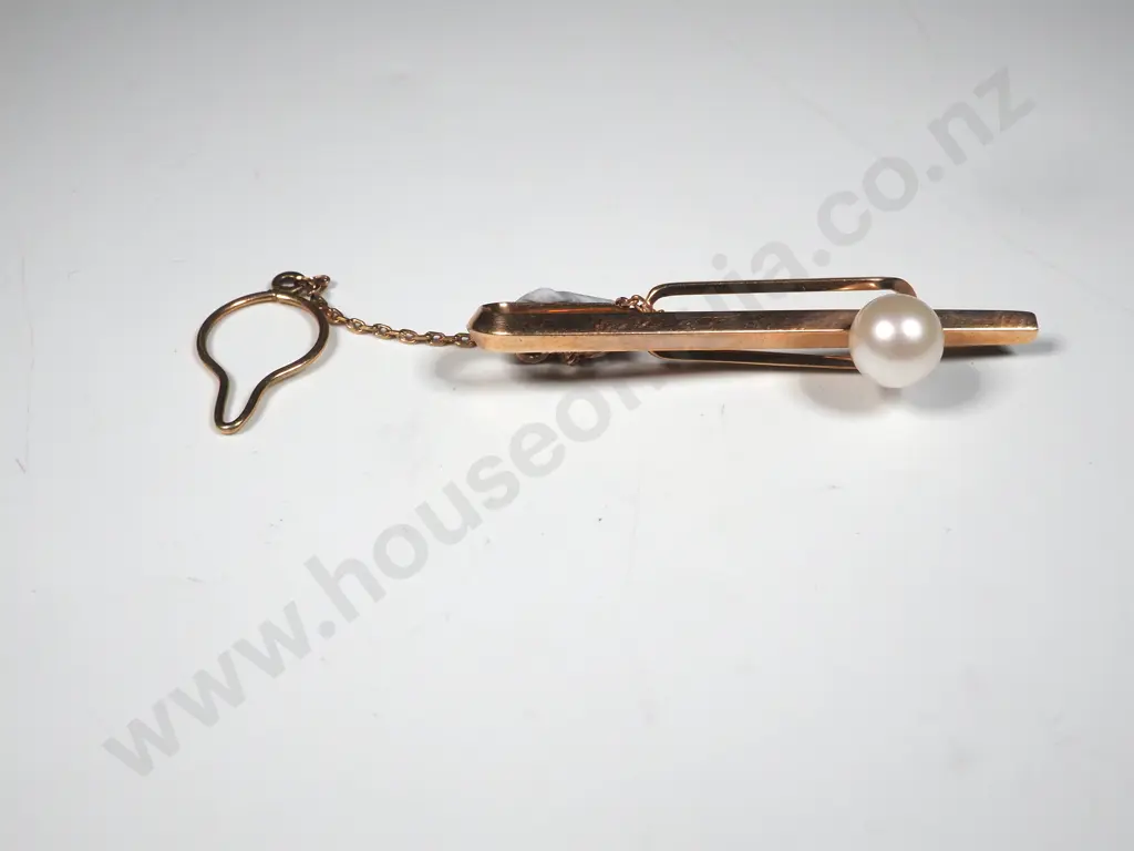 Vintage 9ct Gold & Pearl Tie Clip Image 1++