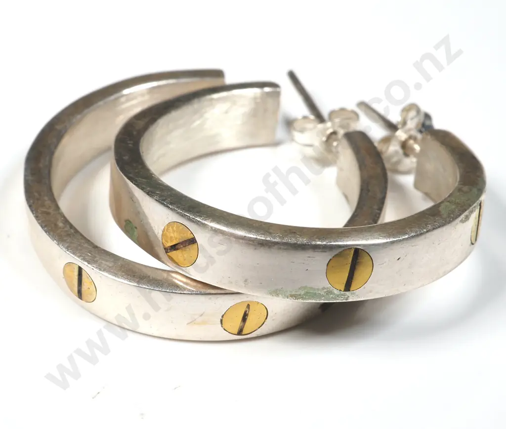 Pair Of Heavy Sterling Silver Hoop Earrings with  Gold "Screw Head" Detail Image 1++