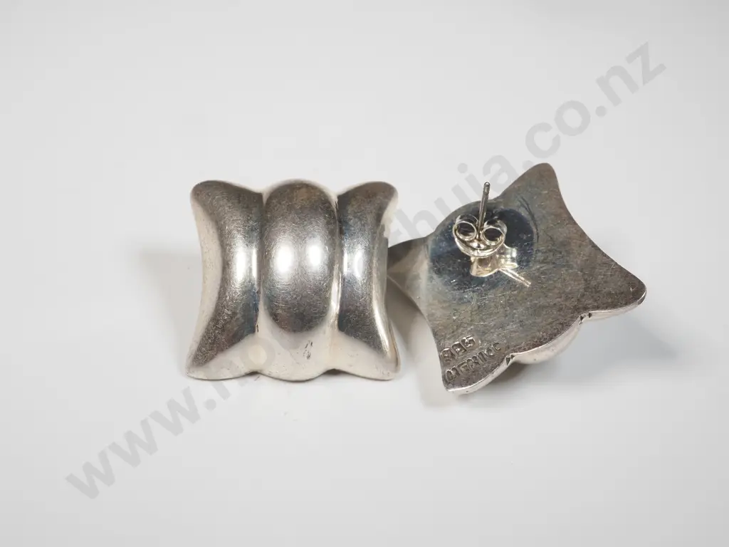 Pair Of   Sterling Silver Dome Shaped Earrings. Stamped Mexico 925 Image 1++