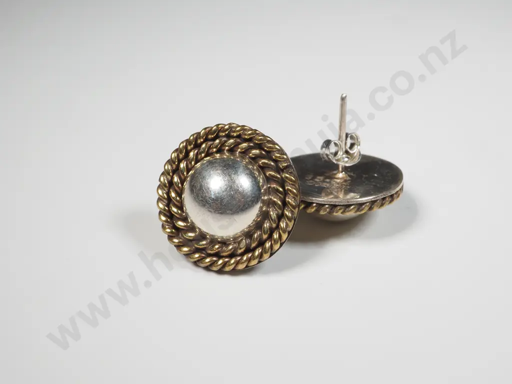 Pair Of Sterling Silver Half Dome Earrings With Highlighted Gold  Swirl Border Image 1++