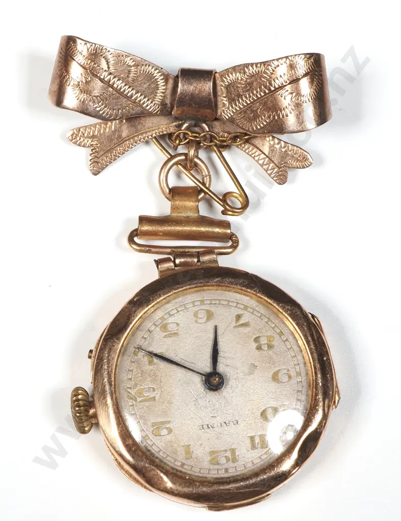 9ct Gold Watch & Ribbon Bow Brooch Suspender - Baume  Image 1++