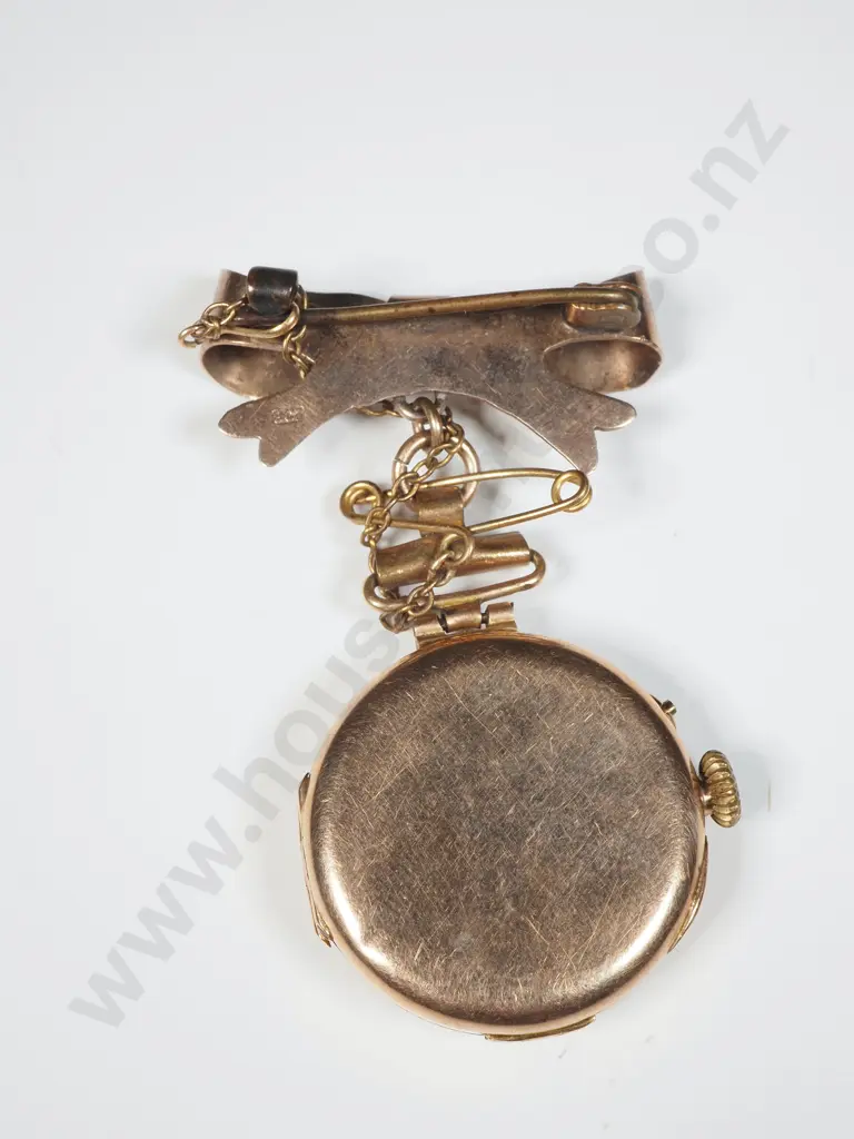 9ct Gold Watch & Ribbon Bow Brooch Suspender - Baume  Image 1++