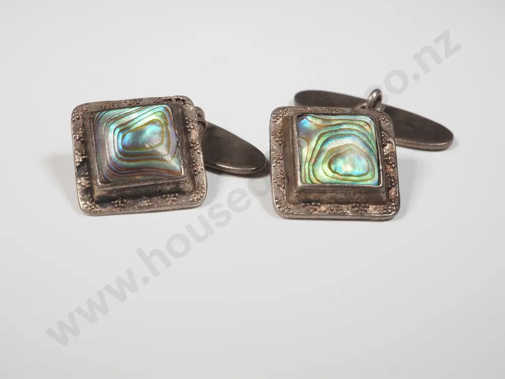 Vintage Paua Shell & Sterling Silver Cufflinks Of Square Form Image 1++