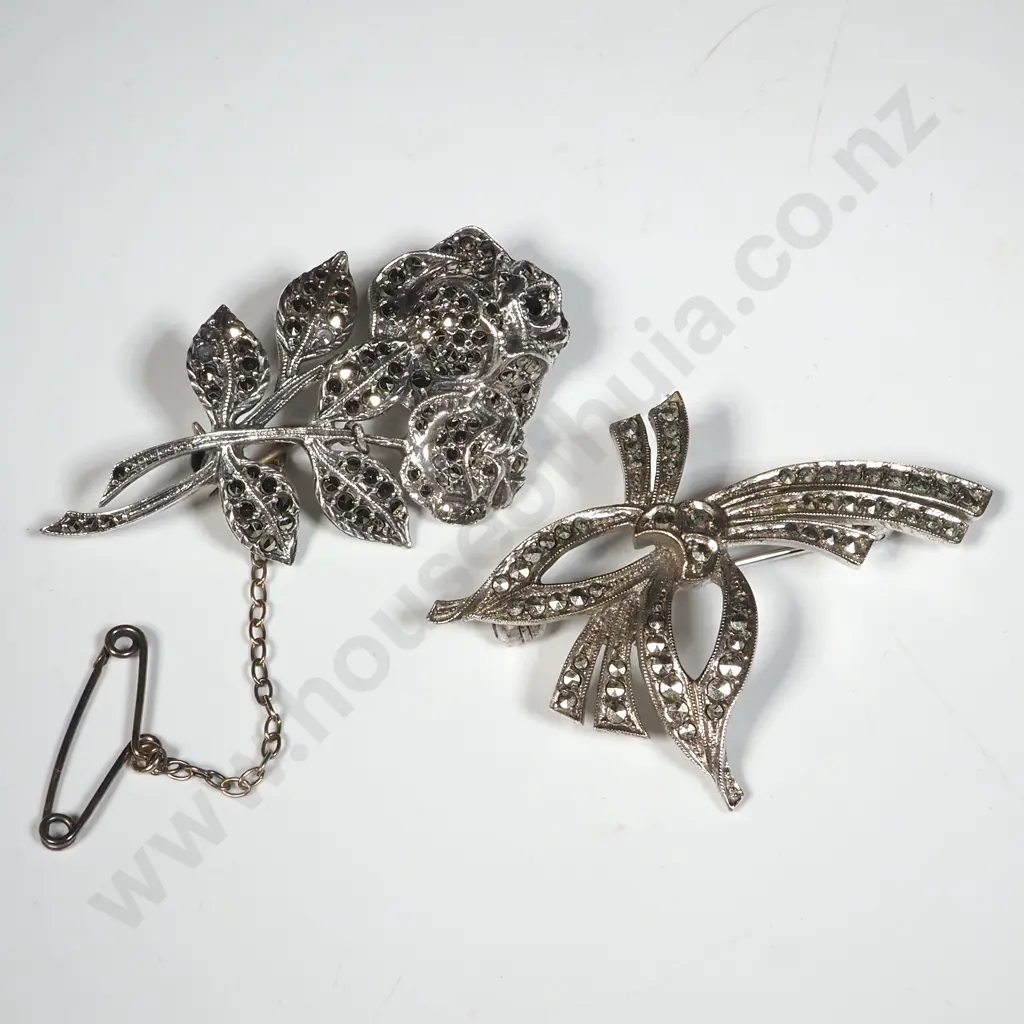 Two Sterling Silver & Marcasite Brooches - One A Rose & The Other a Bow Image 1++