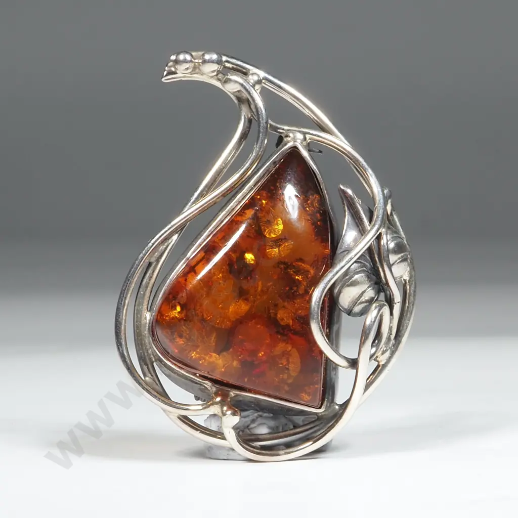 Sterling Silver Art Nouveau Style Amber Brooch Image 1++