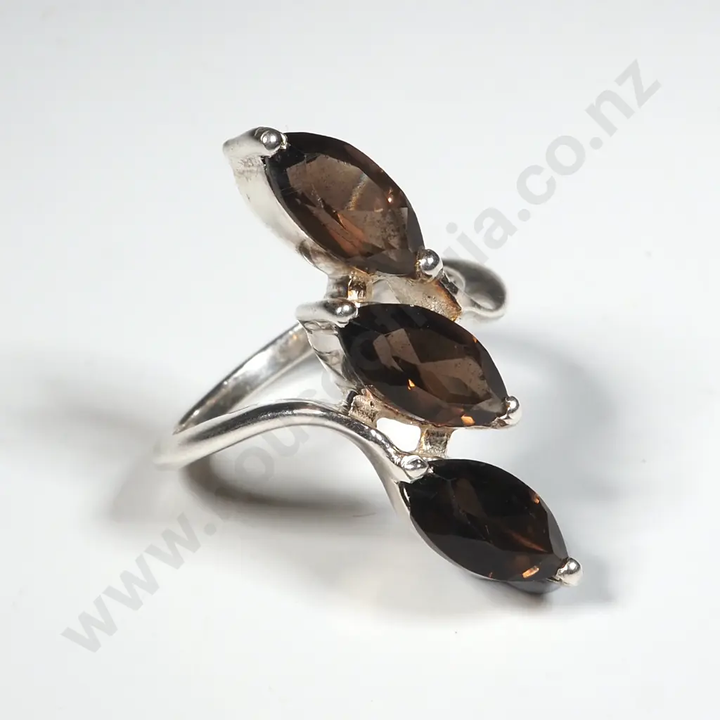 Sterling Silver Three Stone Smokey Topaz Ring. Image 1++